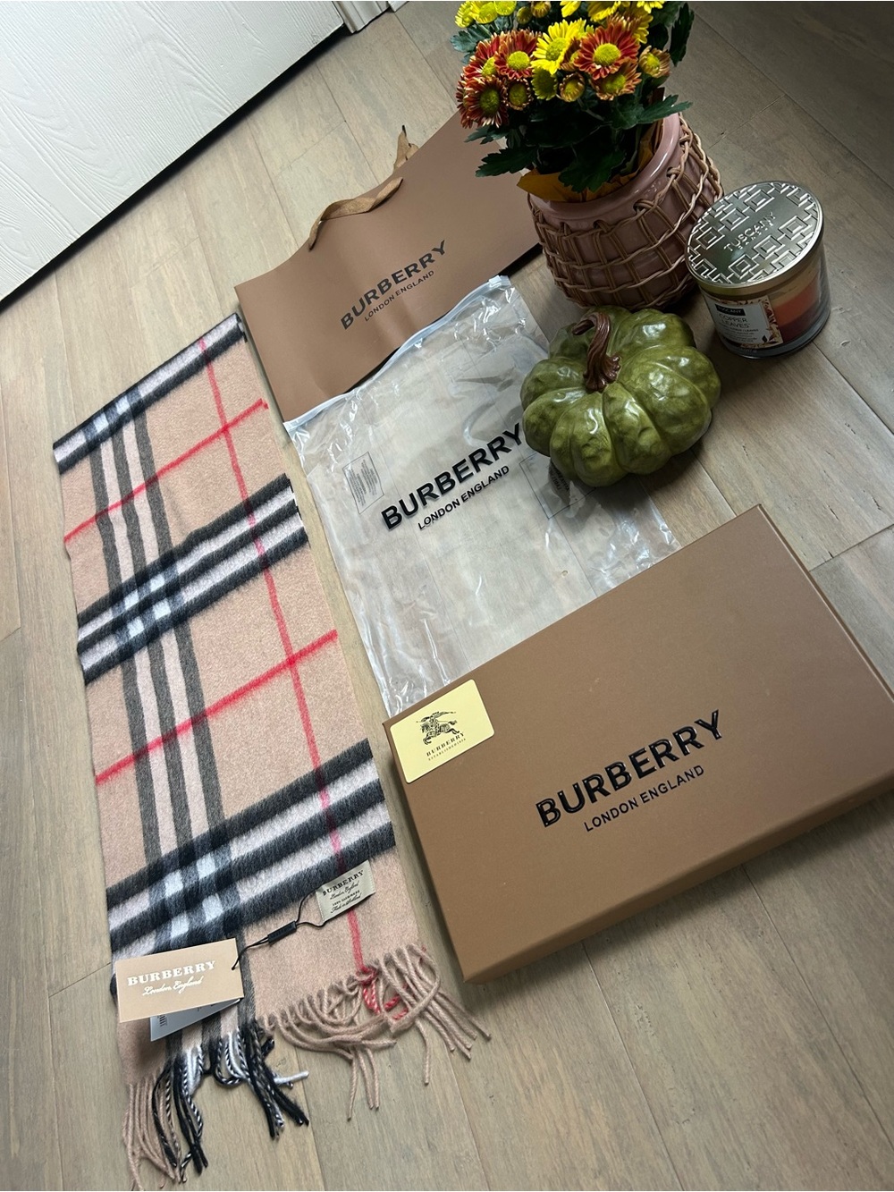 Beige Plaid Cashmere Scarf with Red and Black Stripes